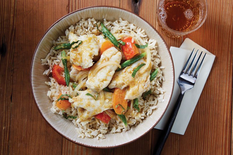 New techniques bring out the flakiness in pollock, making it a versatile player in modern seafood offerings, such as this Coconut Thai Curry Alaska Pollock with brown jasmine rice