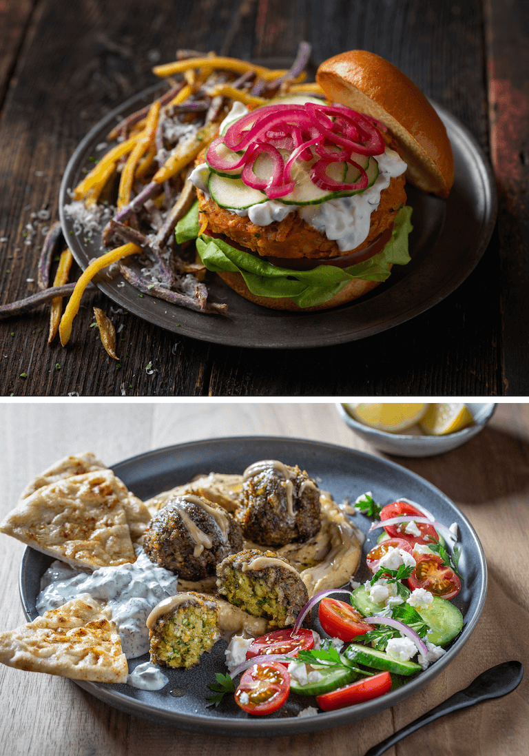 Showcasing the versatility of potato products being used as fillers are on-trend menu items like a curried chickpea potato burger and a potato falafel.