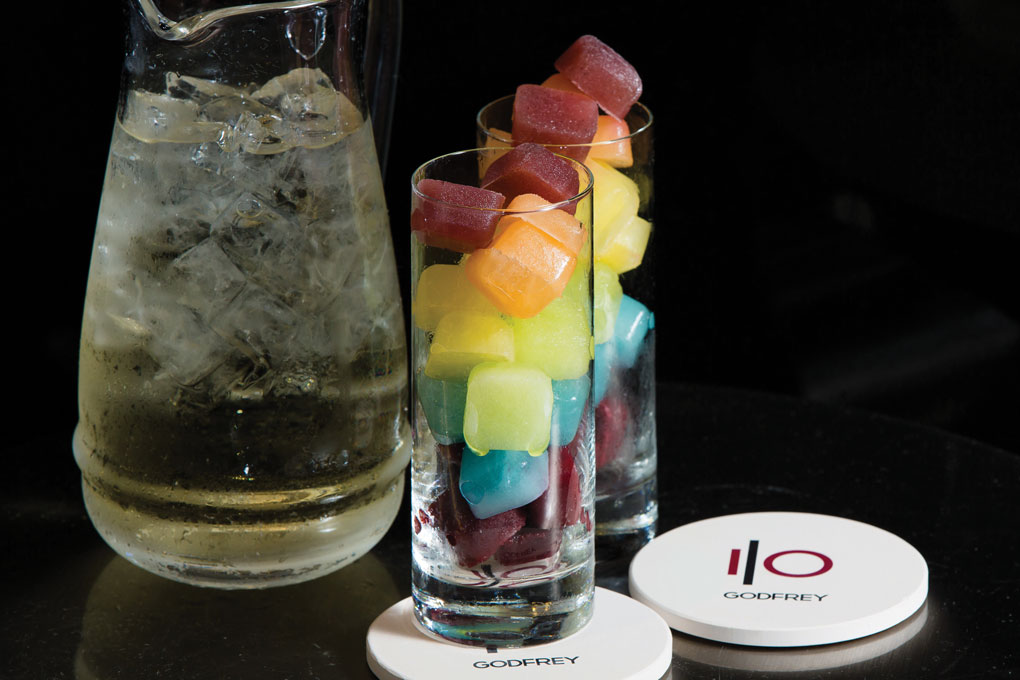 The I|O Godfrey in Chicago cleverly uses ice cubes to help make its Rainbow Sangria a signature experience. Each cube features a colorful block of fresh-squeezed fruit juice—as the ice melts, the flavors intensify. A pitcher starring Grey Goose and Moscato Caposaldo complete the interactive fun.