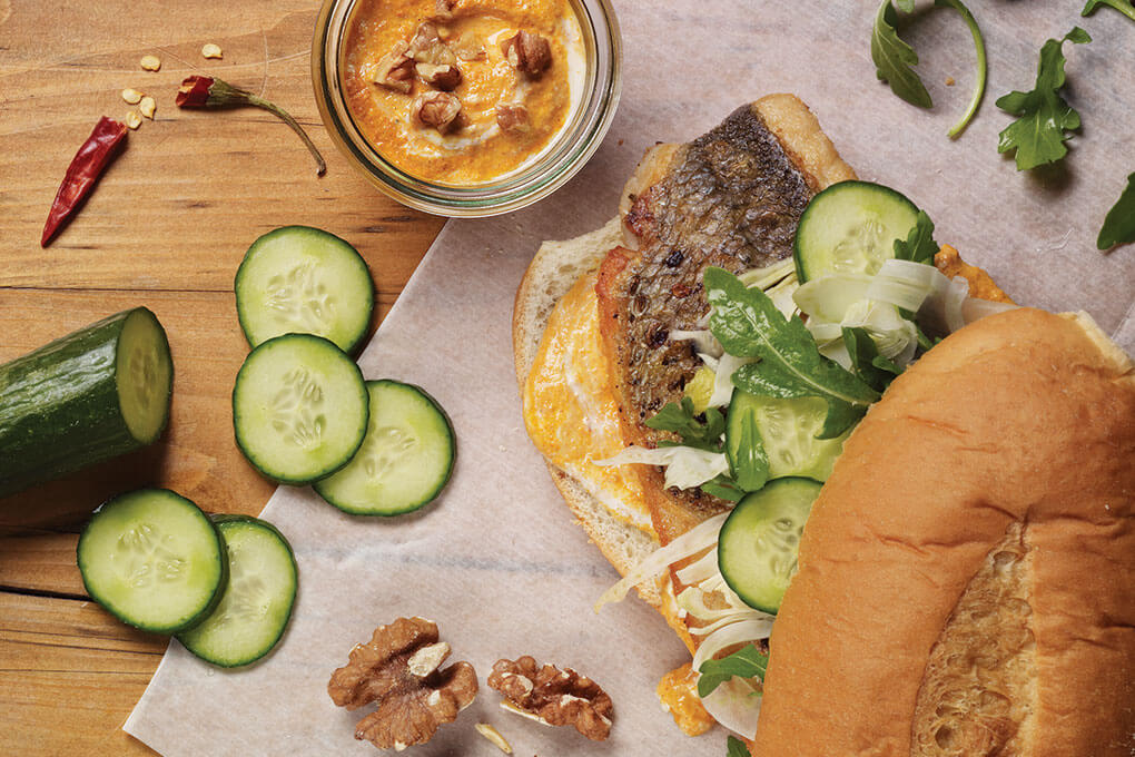 Picture for Spanish-Style Striped Bass Sandwich with Walnut Harissa