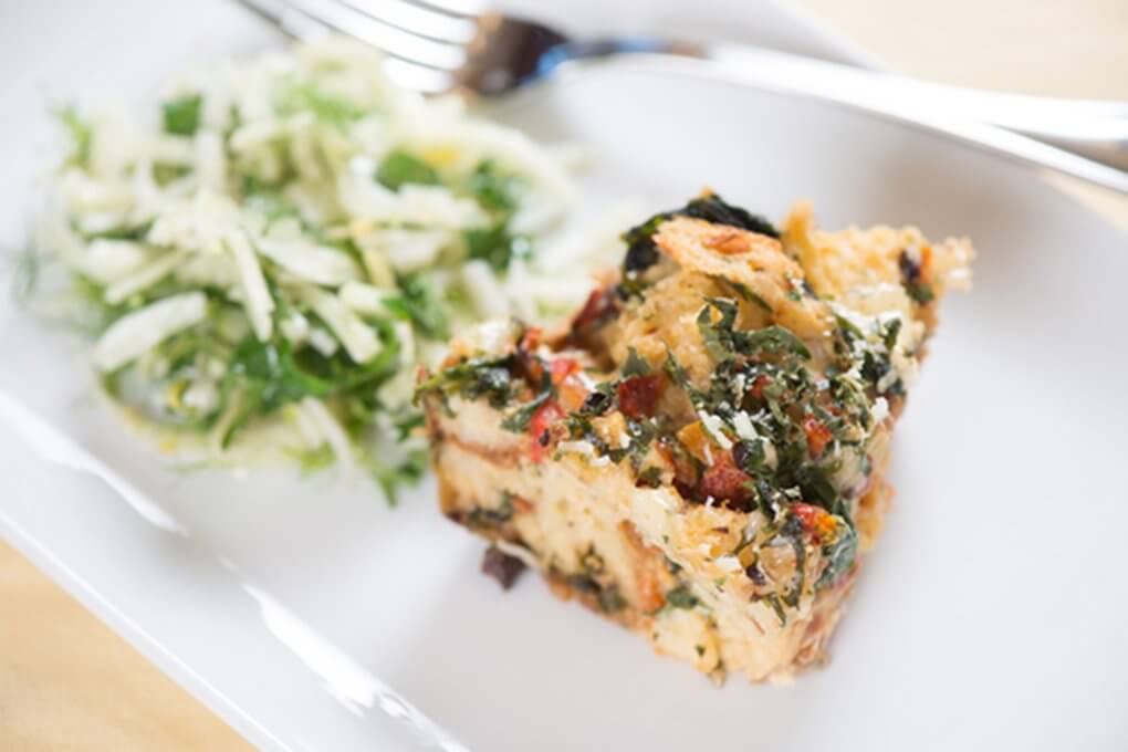 Mediterranean Egg Strata With Swiss Chard, Olives And Mozzarella