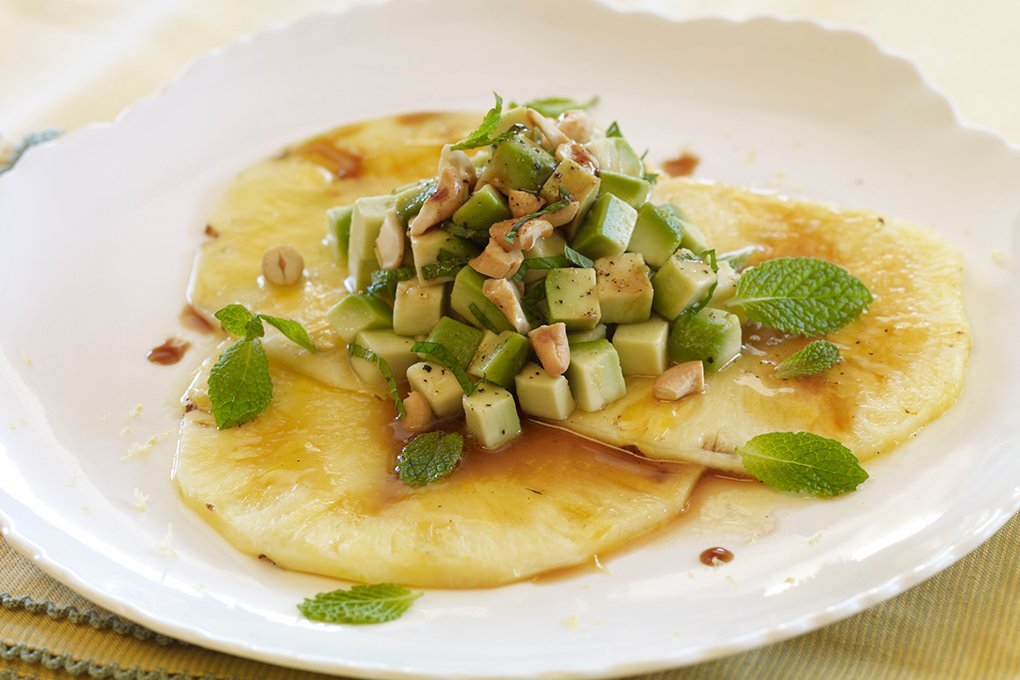 Avocado Salad with Pineapple Carpaccio, Pomegranate Vinaigrette and Toasted Cashews