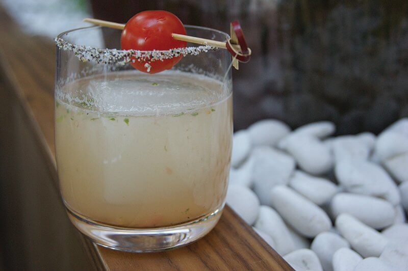 Shochu, a Japanese distilled spirit, is the base of this Shochu Tomato cocktail —with fresh basil, lemon, salt and black pepper—at Roku in West Hollywood, Calif.