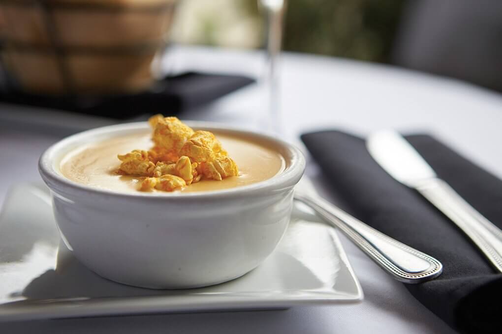 This “Magical” Cheese Soup from Hearthstone Bistro Bar & Grill in Muskegon, Mich., is garnished with cheese popcorn.