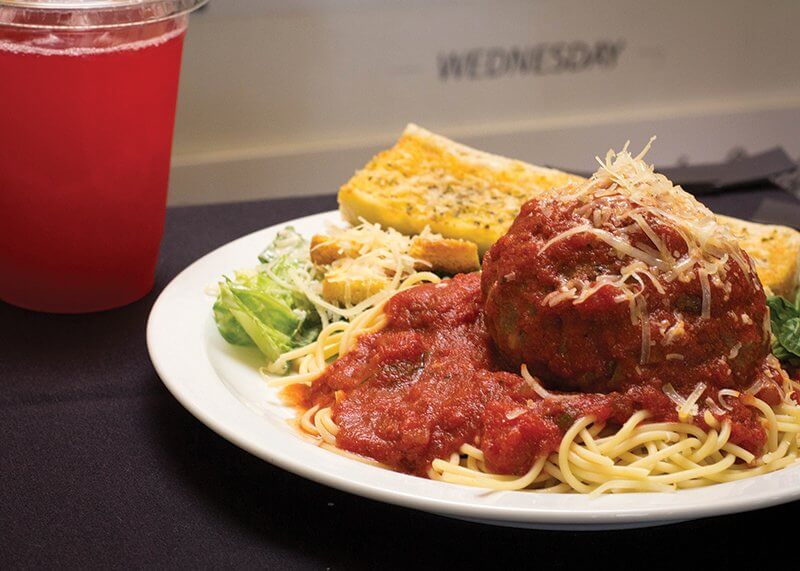Traditional comfort dishes still hold sway, like San Diego State’s Big O Meatball with herb-infused marinara.