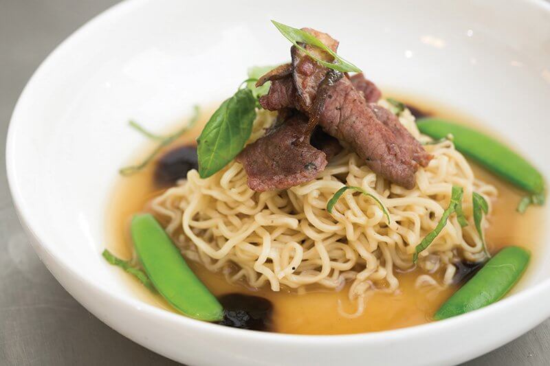 Highlighting the craveability and familiarity of college-days ramen-from-a-packet, this version stars a complex broth, grass-fed beef and sugar snap peas.