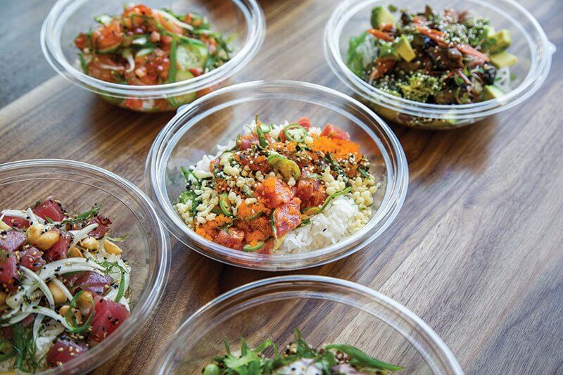 Customizable poke bowls at Da Kikokiko in Playa Vista, Calif., showcase the giant opportunity, with numerous options, like yellowfin tuna with spicy mayo, scallion, Serrano, smelt egg, furikake and tempura crumbs.