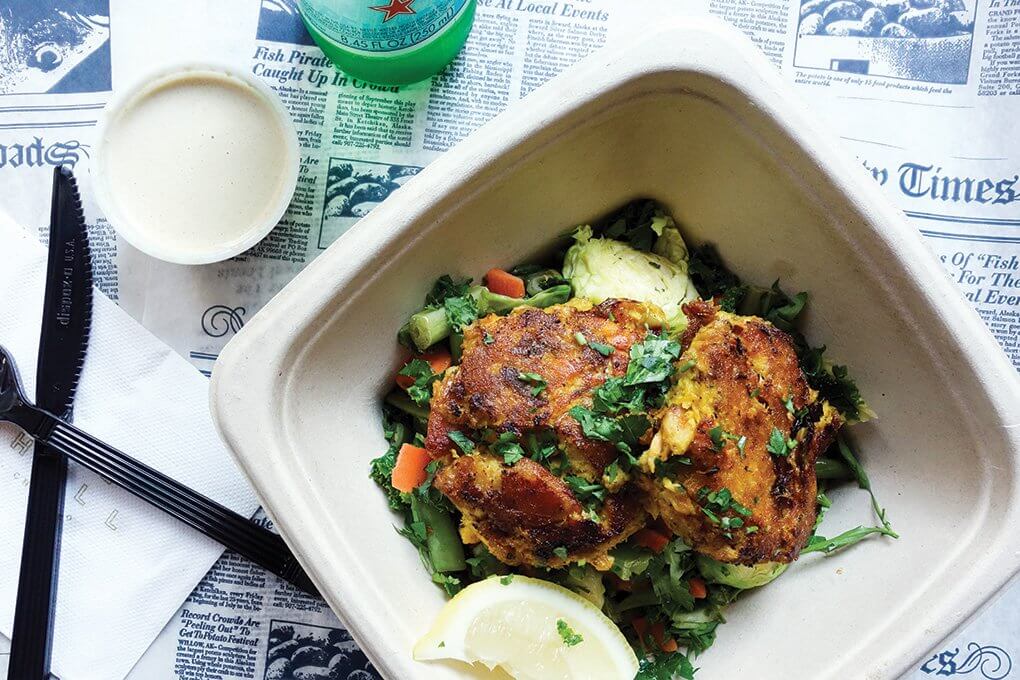 Brown Bag Seafood Co.’s Curry Fish Cakes with ginger-lime sauce are a big hit on the menu at its new Revival Food Hall location in Chicago. “We sell out faster than we can make them,” says Donna Lee, founder.