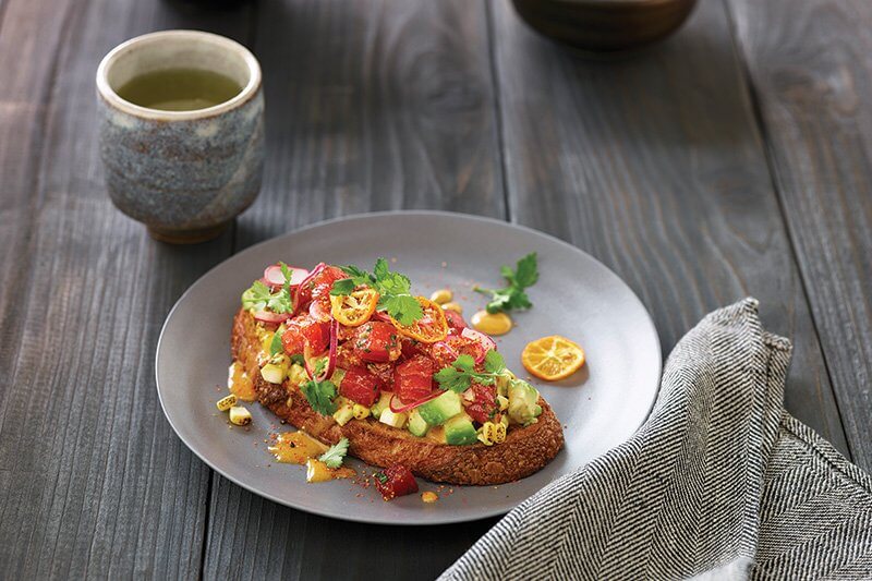 For an on-trend take, Chef Harold Jurado of Bon Appétit Management Co. spikes tuna tartare with soy sauce, ginger, sesame oil and lime, and serves it on toast with Sriracha egg sauce and pickled onion.