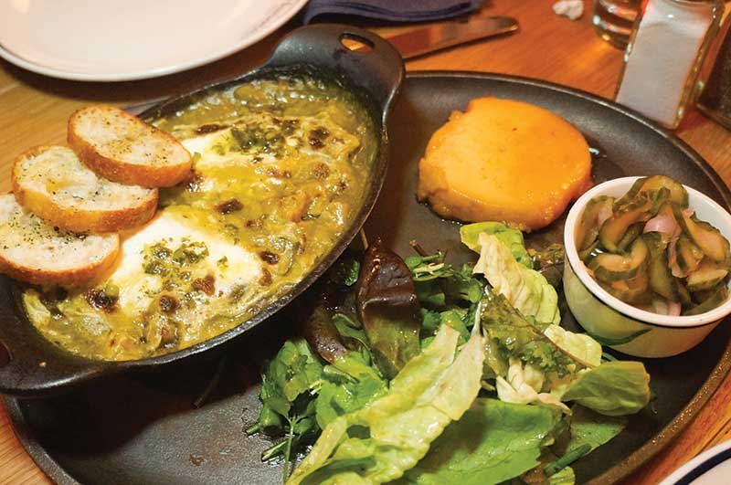 Harold’s in New York offers a multitude of combinations. Here, Green Chile Tripe is served with Japanese sweet potato, cucumber salad and herbed salad.