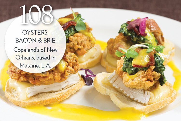 Oysters, Bacon & Brie - fried oysters, Brie, creamed spinach, bacon, yellow pepper coulis, citrus- honey gastrique, microgreens