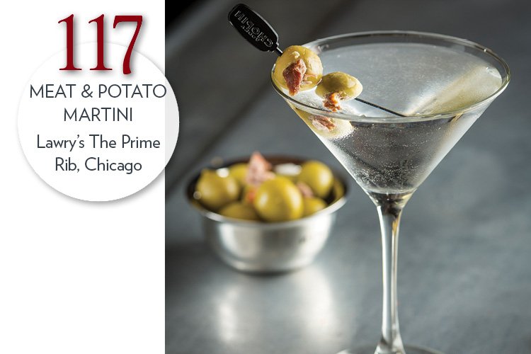 Meat & Potato Martini Potato vodka, olives stuffed with horseradish and prime rib