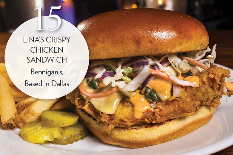 Lina’s Crispy Chicken Sandwich Fried chicken breast, pepper Jack, Sriracha aïoli, coleslaw, brioche roll