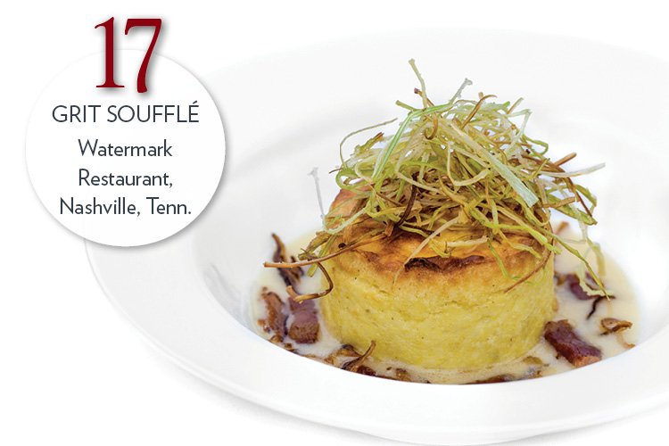 Grit Soufflé Local goat cheese, grits, bacon beurre blanc, shiitake and crispy leek