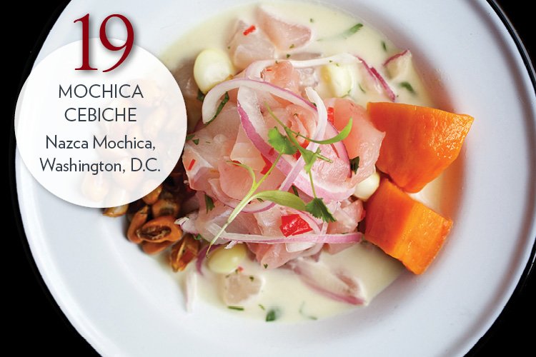 Mochica Cebiche Lime-marinated seasonal whitefish, cilantro, red onions, caramelized sweet potato, choclo