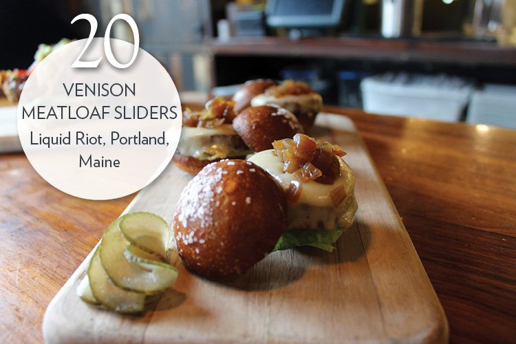 Venison Meatloaf Sliders with melted Gruyère, Maine blueberry ketchup, whiskey onions