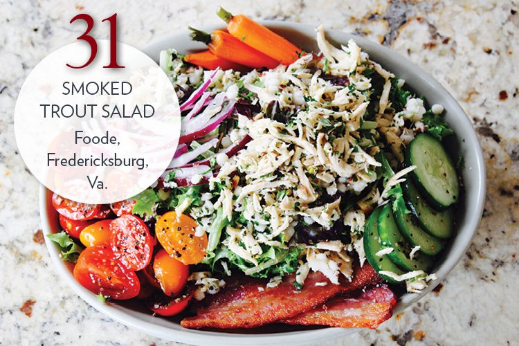 SMOKED TROUT SALAD with romaine, wheat berries, fresh vegetables, avocado and bacon