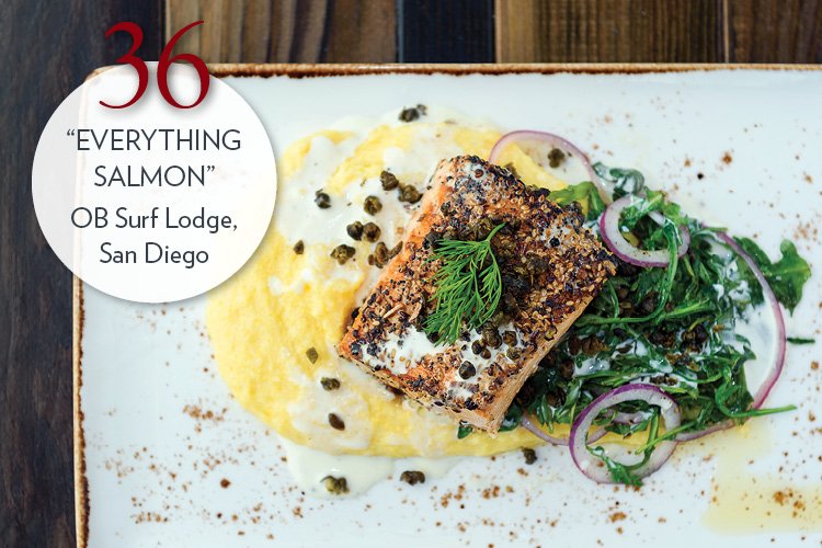 “Everything” Salmon with creamy polenta, arugula, red onion, fried capers, buttermilk sauce