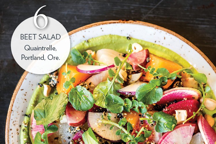 BEET SALAD - BEETS, ANCHO CRESS, RADISHES, TAHINI PURÉE, TOASTED CASHEWS, ROASTED SUNCHOKES, SESAME BRITTLE, LEMON OIL