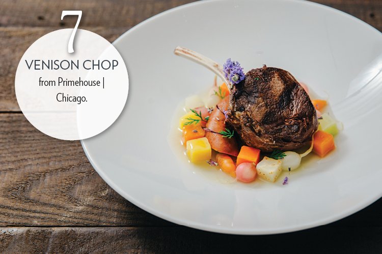 Venison Chop with red wine venison sausage, lavender broth, diced vegetables, baby root vegetables