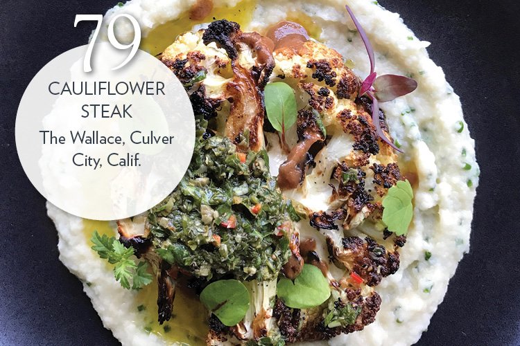 Cauliflower Steak with confit garlic mash, opal basil salsa verde, A-2 sauce