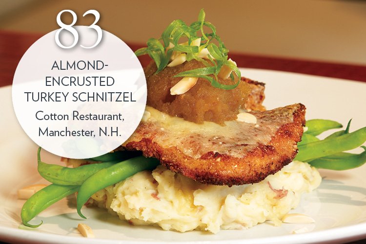 Almond-Encrusted Turkey Schnitzel with cheddar cheese gratinée, bourbon applesauce, mashed potatoes and buttered green beans