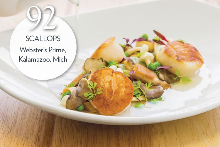 Webster’s Prime offer scallops with clamshell mushrooms, spring peas, dashi and pork belly