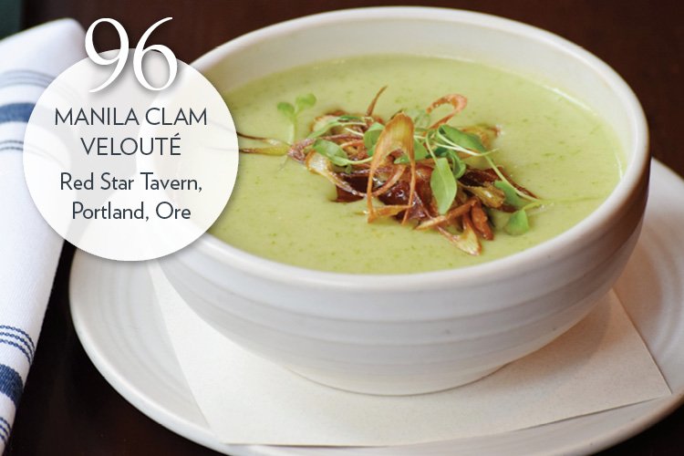 Manila Clam Velouté with early green garlic and smoked bacon