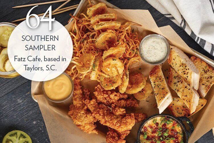 Southern Sampler includes calabash chicken, pimento cheese dip, garlic bread, fried pickle skewers, potato straws