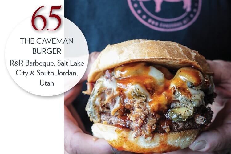 The Caveman Burger with smoked sausage, pulled pork, jalapeño, pepper Jack and R&R sweet sauce