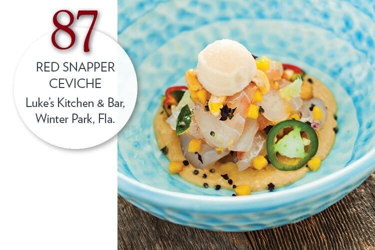 Red Snapper Ceviche with cashew butter, pickled mango and jalapeño sorbet