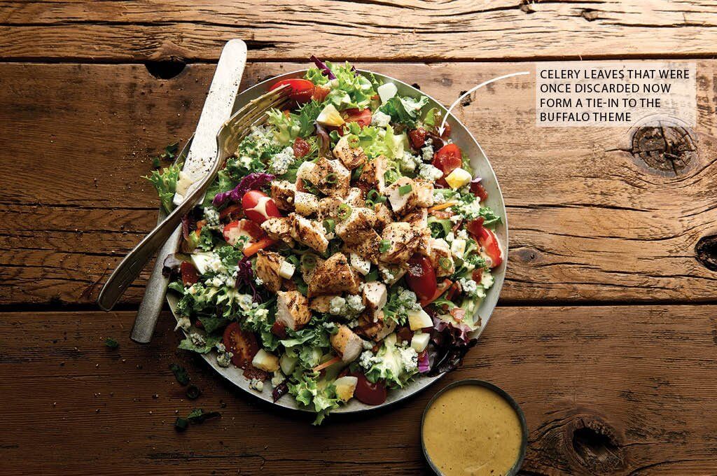 Twin Peaks’ Buffalo Chicken Salad stars Buffalo tenders that are also featured on a sampler app, and the blue cheese also appears in another salad’s dressing.