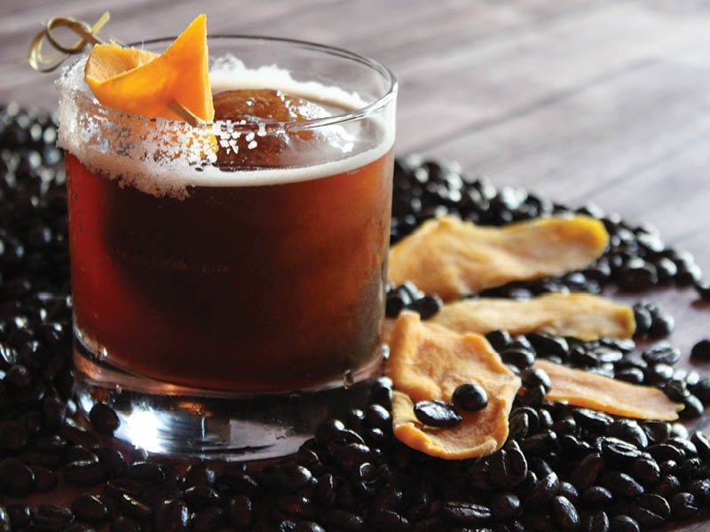 At Datz, in Tampa, Fla., the Perky Peach features silver tequila, peach liqueur, coffee-honey syrup, cold-brew coffee and orange bitters. A cold-brew ice sphere completes the drink