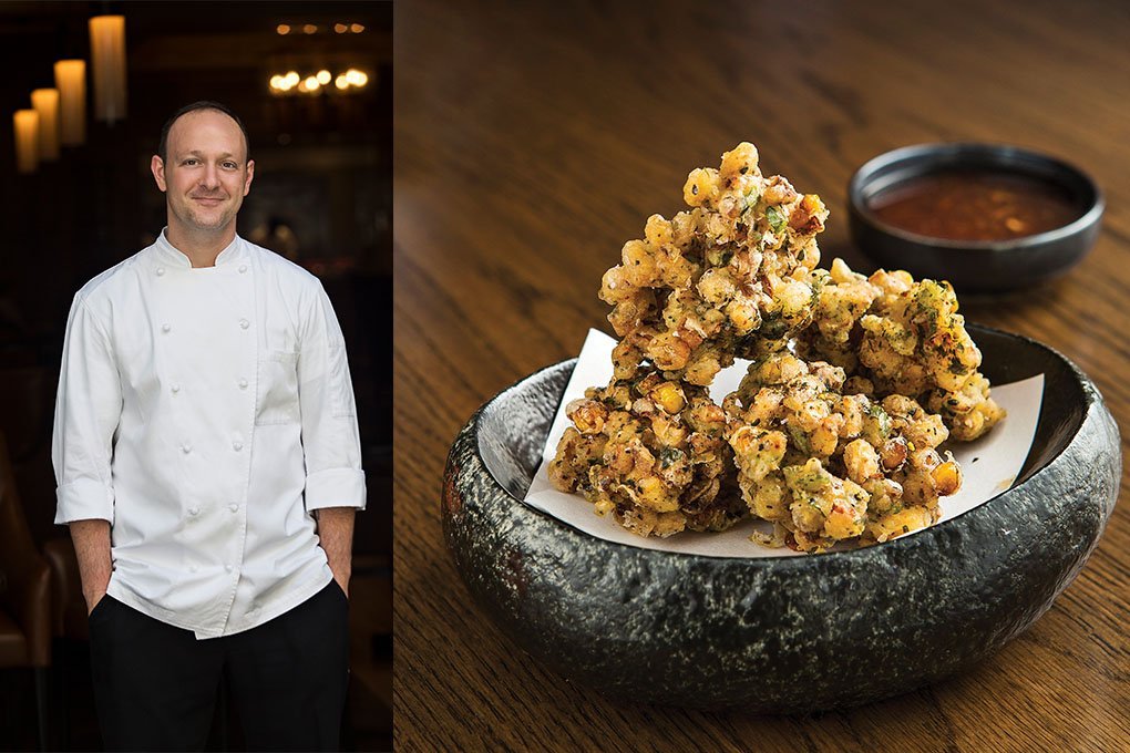 Kuro’s Corn Kakiage is served with a dipping sauce made with soy and dashi, adding depth to this corn and onion tempura.