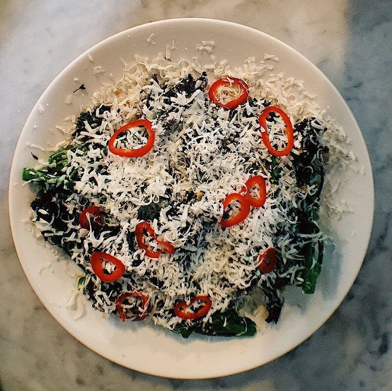 Charred Broccolini || sunflower seeds, ricotta salata, pickled fresno chiles, apple cider vinaigrette from Butchertown Grocery