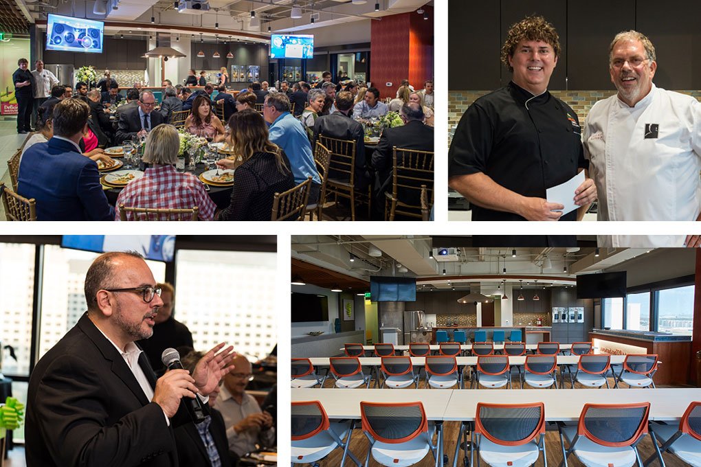 Clockwise from top left: Guests enjoyed inspired cuisine at the culinary center’s opening reception; host chefs Mark Garcia and Kent Rathbun; the versatile facility will serve as a hands-on culinary center and also as AVO University beginning in January; AFM President Alvaro Luque kicked off the celebration