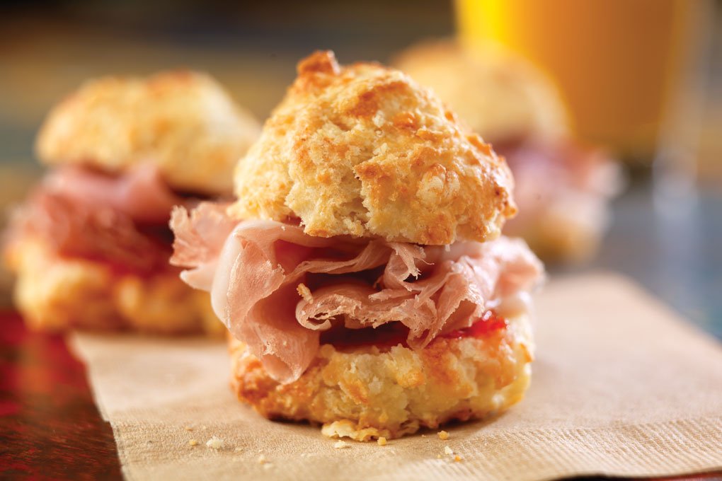 This Mini Ham Sandwich with Fresno pepper jelly stars a rich, flaky biscuit, served at Farmstead at Long Meadow Ranch in St. Helena, Calif