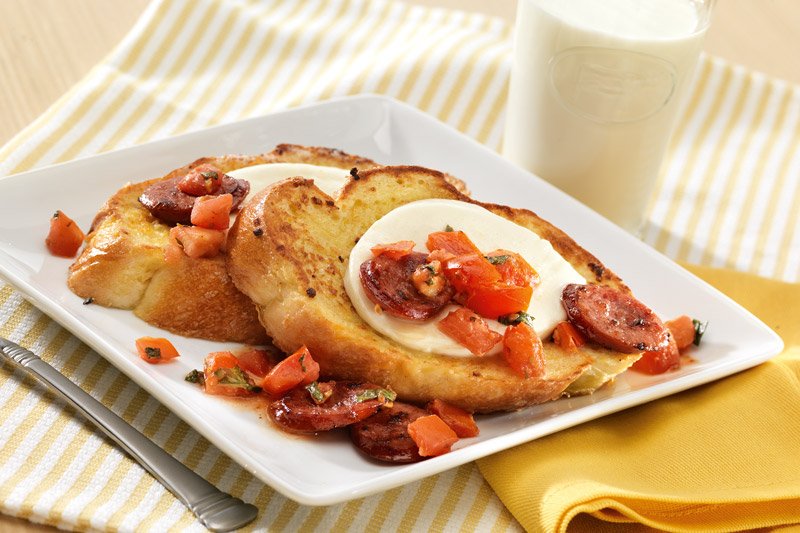 Savory French Toast Sandwich - Shallots, tomatoes and smoked sausage bring savory notes