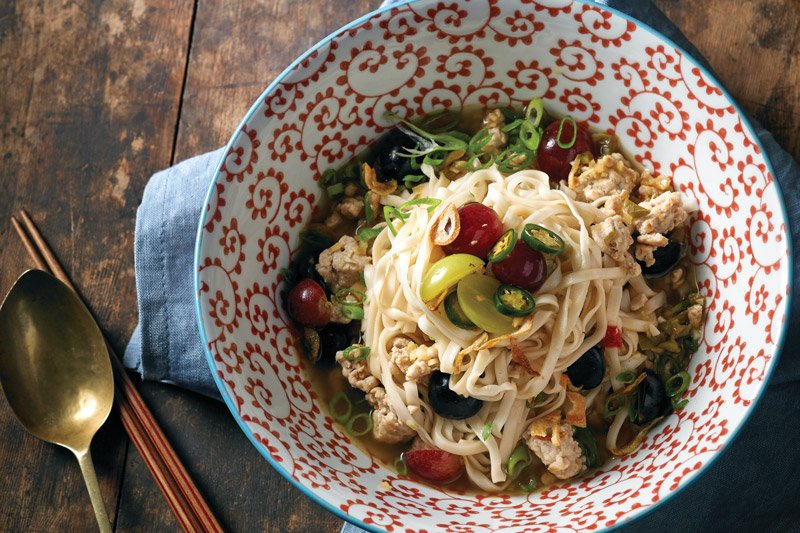 Noodles with Ginger Chicken and Grapes - Ginger and garlic give ground chicken a big flavor boost