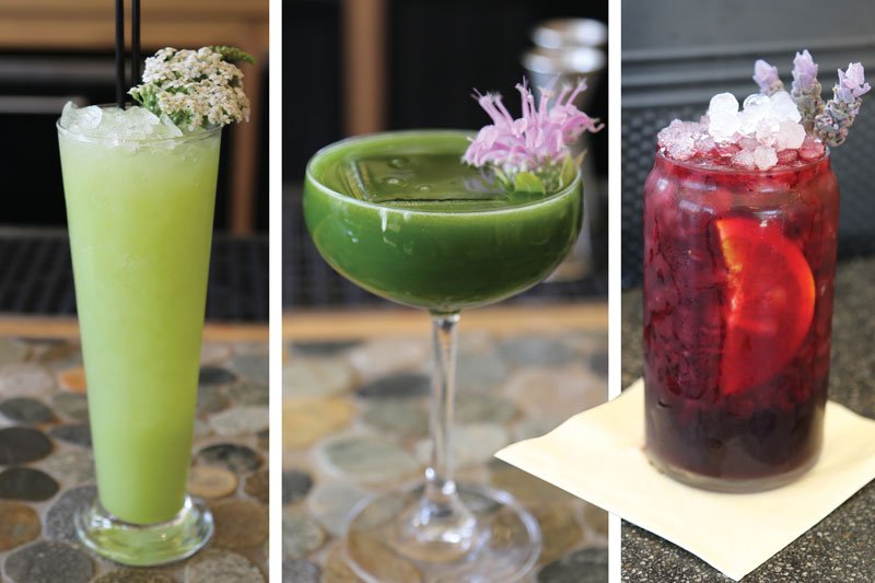 Creative ingredients add interest to cocktails. Bad Hunter’s Riesling Rickey (left) includes snap pea syrup while its Matcha Man (center) pairs matcha powder and lime. Salazar menus Afternoon Delight (right), with an infusion of hibiscus flowers.