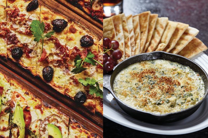Starters like a flatbread trio and spinach and artichoke dip invite social interaction, making craveable food choices part of the attraction at Pinstripes, based in Chicago