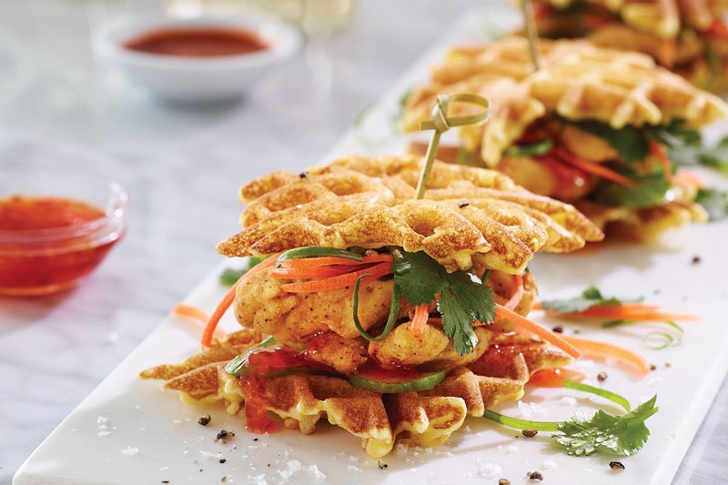These Chicken & Waffle Sliders take the familiar elements of this Southern staple and turn them into a snackable handheld, served with a side of warm maple syrup