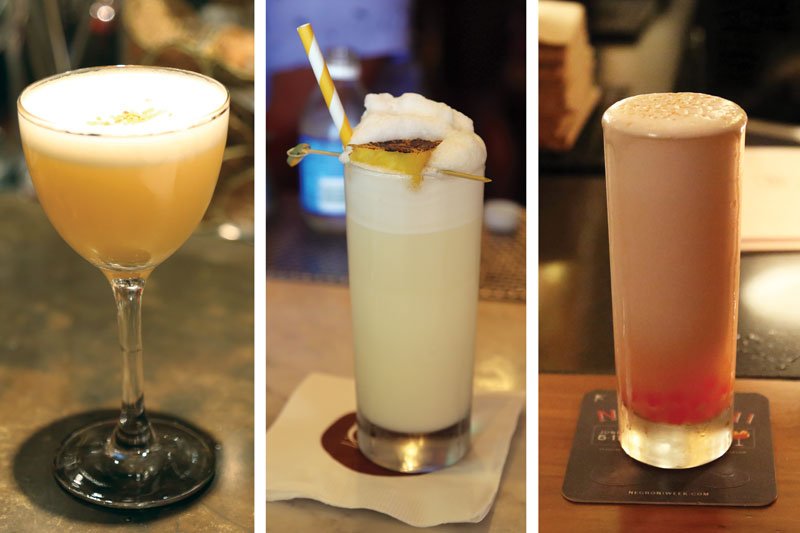 Froth, foam and fizz: Rouge Tomate’s Penicillin (left) incorporates egg white for texture; soda adds oomph to the Do You Like Piña Colada? at Big Bar (center); and a Ramos Gin Fizz (right) includes bursting boba at Accomplice.