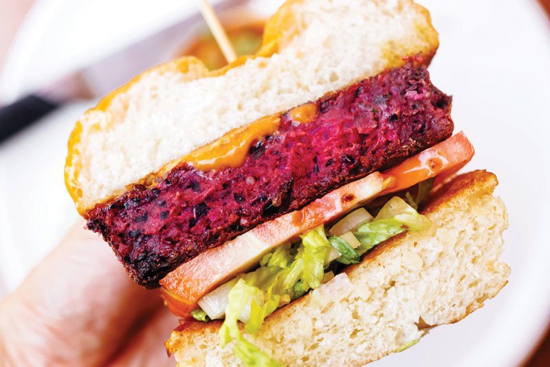 Rising to the challenge of offering a satisfying plant-based burger, Luke’s Kitchen + Bar, Maitland, Fla., menus a loaded Beet Burger, featuring fire-roasted beets and smoked maitake mushrooms.