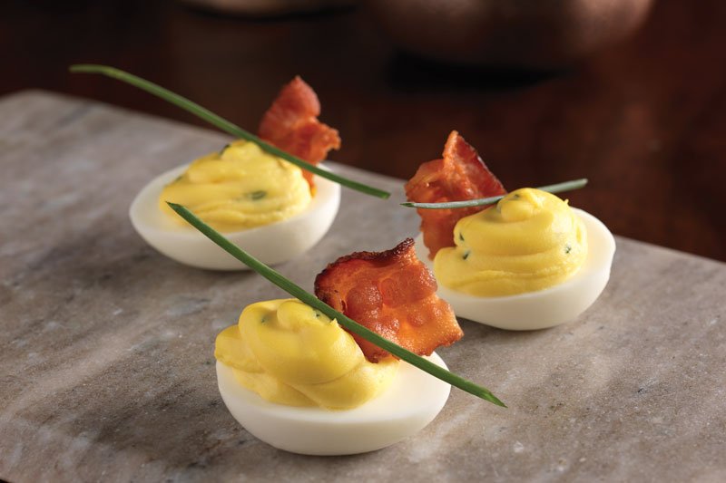 Bacon Truffle Deviled Eggs - Truffle oil brings rich, smoky tones