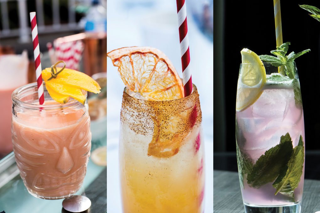 Left: Tiki Glassware ties this “Morning Sunshine” yogurt drink to its tropical Flavor profile; Center: Citrus & Spice Soda, with fresh grapefruit, honey, cinnamon and sparkling water; Right: Lavender and mint make this fresh lemonade a hit