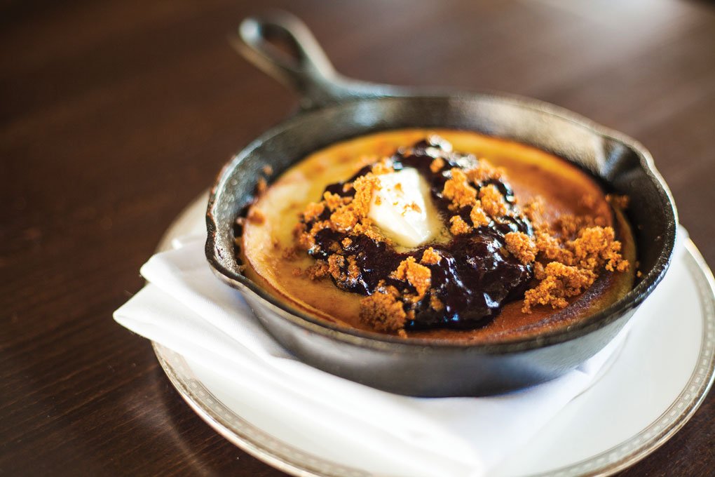 Soul food at Preux & Proper in Los Angeles includes this cast-iron skillet cornbread with Kentucky sorghum and a butter crumble.