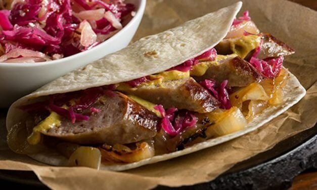 Beer Braised German Bratwurst With Onions in a Tortilla