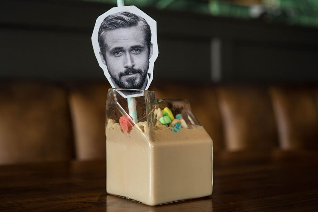 Bar Stellar’s Cereal Killer comes as a Black Russian topped with Lucky Charms, or White Russian with Froot Loops. It’s served in a milk carton glass with a photo of Ryan Gosling clipped to the rim