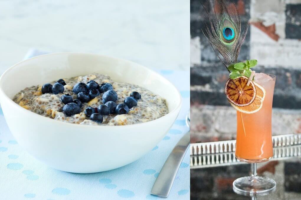 Trending tastes created by Kathy Casey: Chia Oats with coconut milk, honey and blueberries, served at Dish D’Lish® in Seattle; and a Japanese whiskey cocktail with spiced ginger syrup, Aperol, yuzu and fresh lemon.